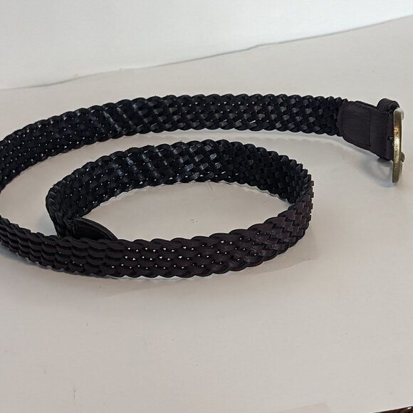 Vintage Woven Braided Leather Belt Brown Gold Brass Tone Buckle Preppy - Picture 3 of 4